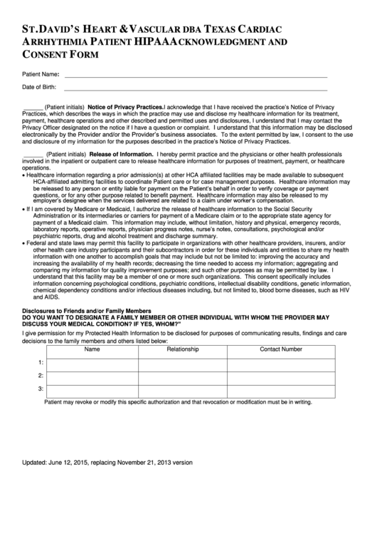 Arrhythmia Patient Hipaa Acknowledgment And Consent Form