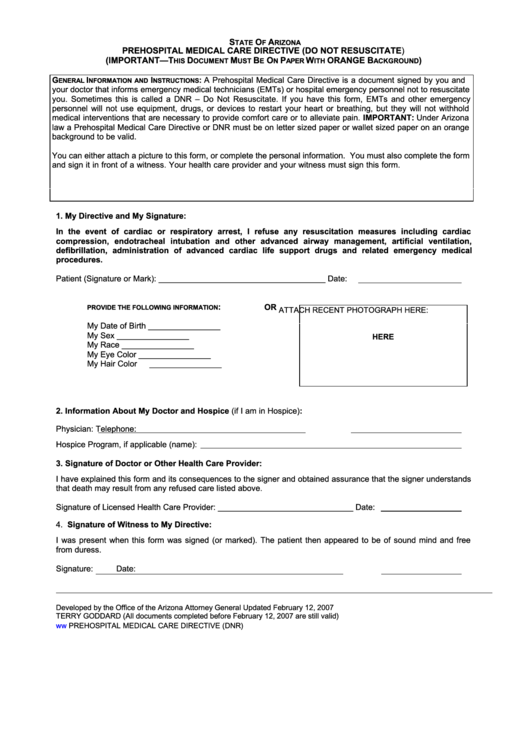 State Of Arizona Prehospital Medical Care Form Printable pdf