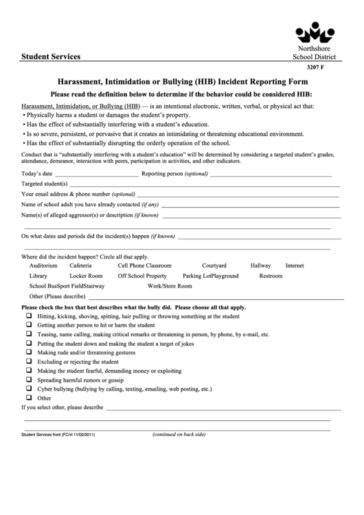 Hib Incident Reporting Form Printable pdf