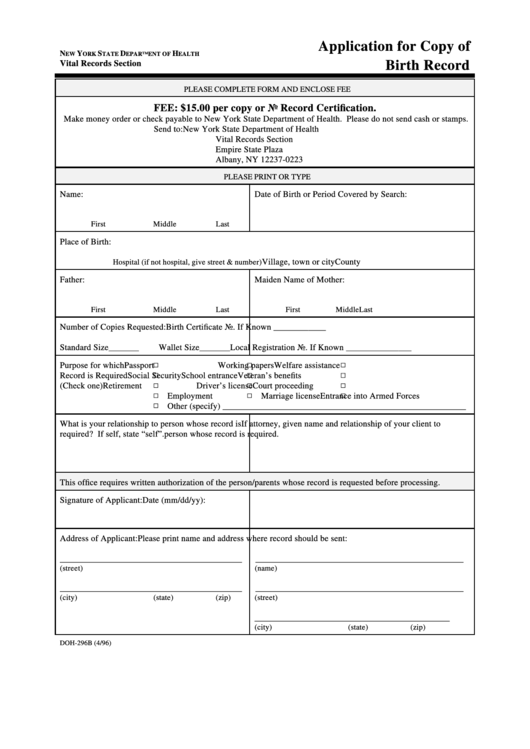 Form Doh-296b - Application For Copy Of Birth Record