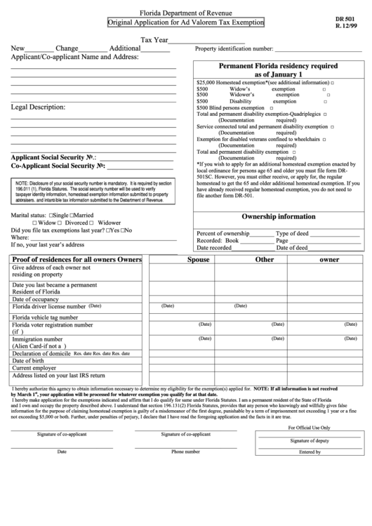 Original Application Form For Ad Valorem Tax Exemption - Florida Department Of Revenue Printable pdf