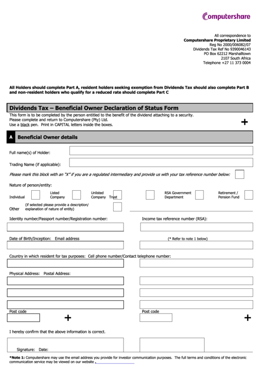 Fillable Beneficial Owner Declaration Of Status Form Computershare