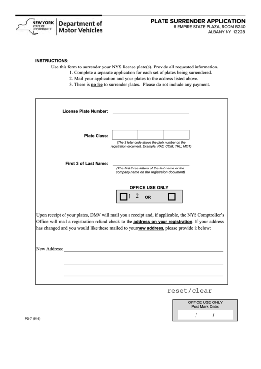 Fillable Form Pd-7 - Plate Surrender Application Printable pdf
