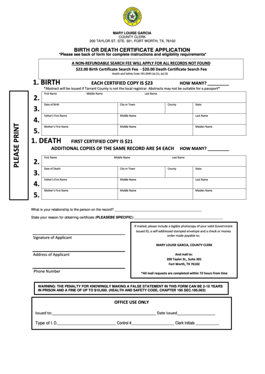 Birth Or Death Certificate Application - Tarrant County