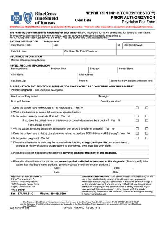 Fillable Form 6375 Ks Nepr 0116 - Neprilysin Inhibitor Prior Authorization Printable pdf