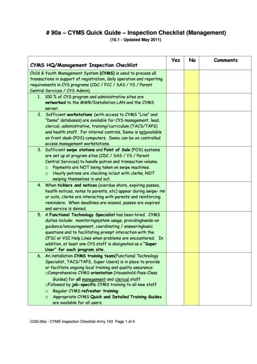Cqg-90a - Cyms Inspection Checklist (Army) Printable pdf