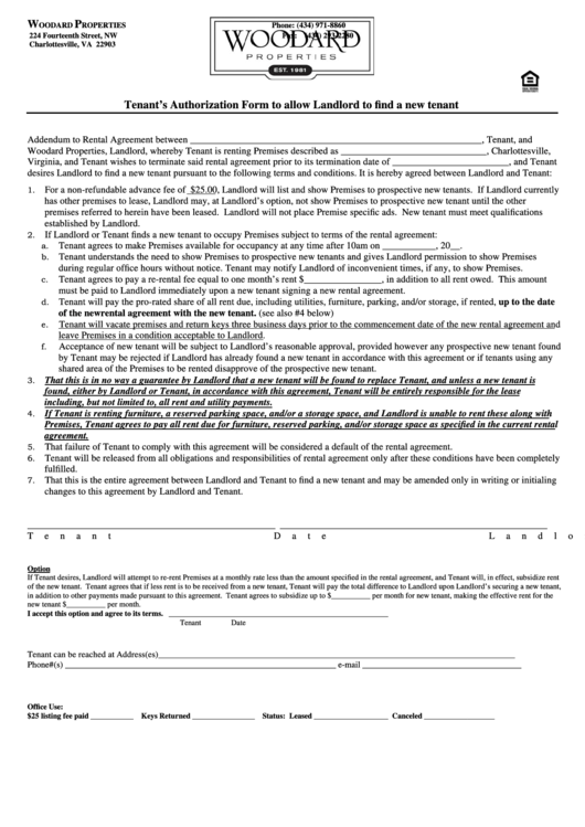 Tenants Authorization Form To Allow Landlord To Find A New Tenant Printable pdf
