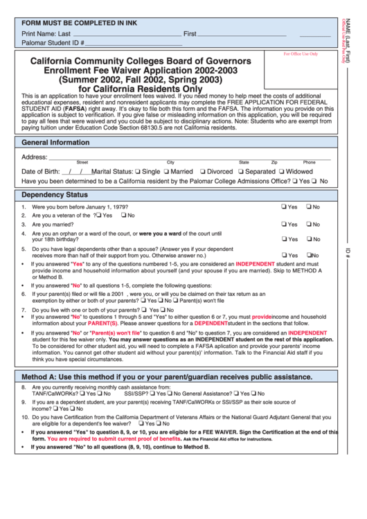 California Community Colleges Board Of Governors Enrollment Fee Waiver Form Printable pdf