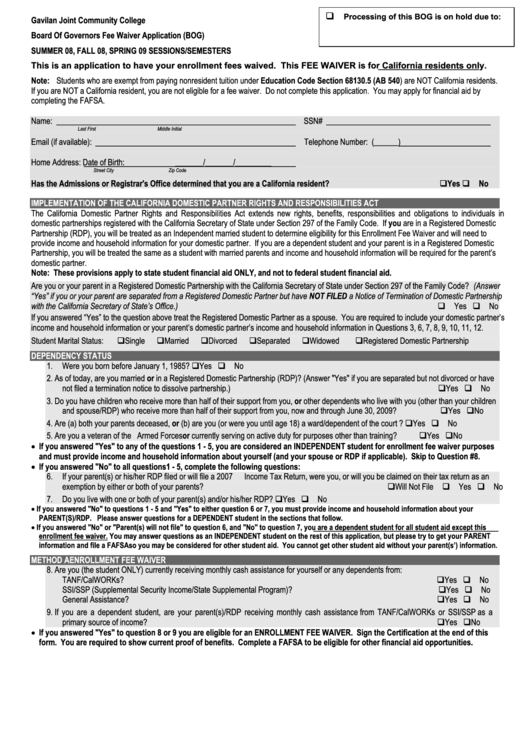 Gavilan Joint Community College Board Of Governors Fee Waiver Application Printable pdf