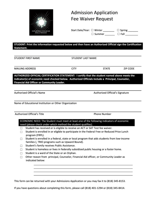Admission Application Fee Waiver Request Printable pdf