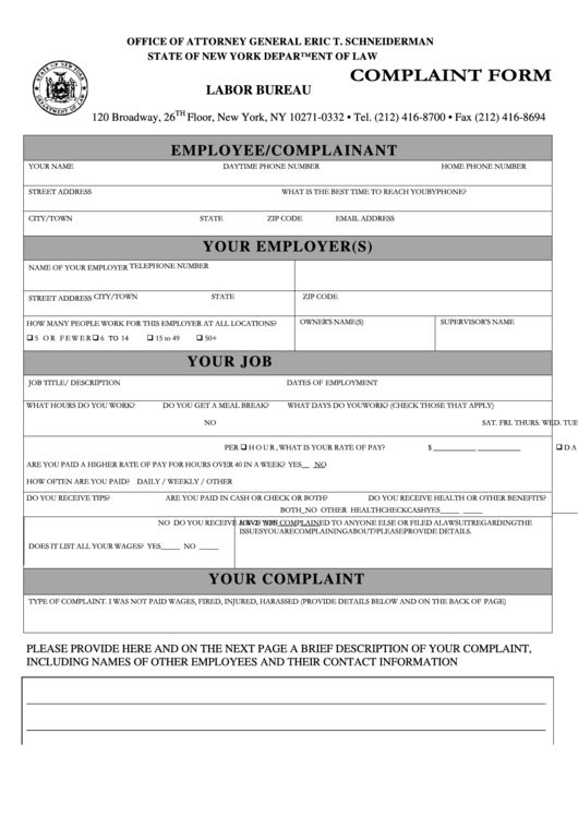 Fillable Complaint Form - New York State Attorney Printable pdf