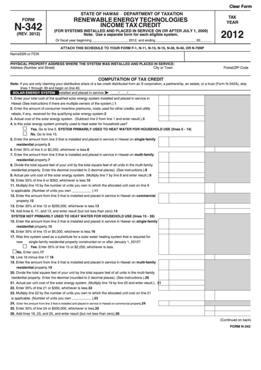 Fillable Form N-342 - Renewable Energy Technologies Income Tax Credit - 2012 Printable pdf