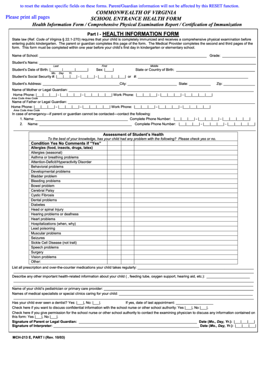 Form Mch-213 E - School Entrance Health Form - Commonwealth Of Virginia Printable pdf