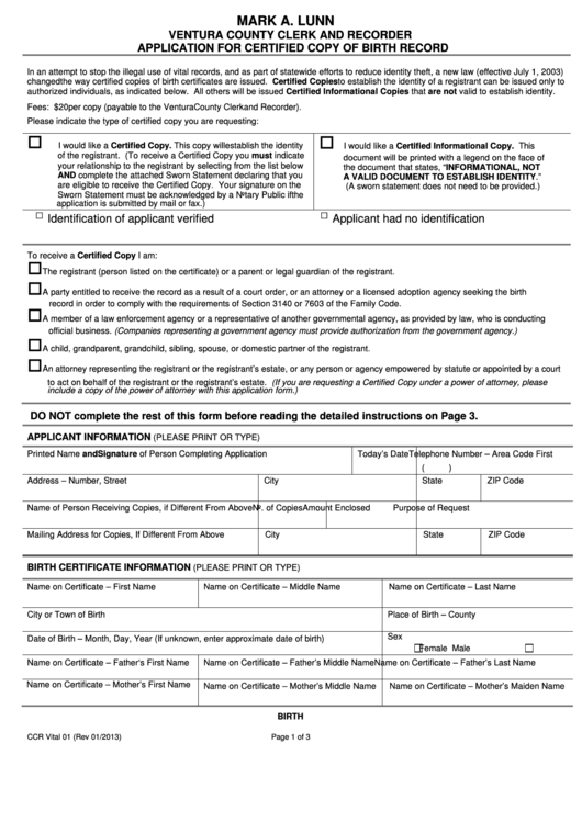 Form Ccr Vital 01 - Application For Certified Copy Of Birth Record - 2013 Printable pdf