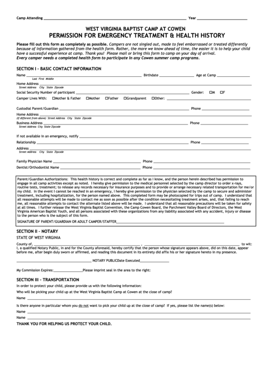 Health Form - Camp Cowen Printable pdf