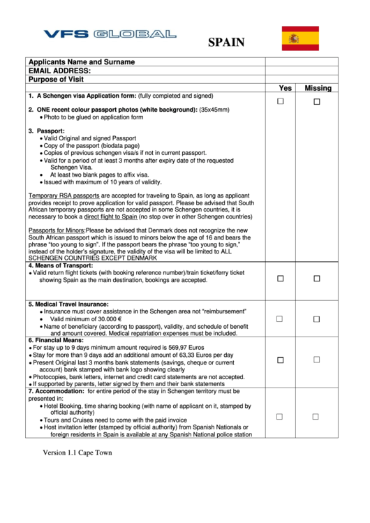 Spain Checklist Form Printable pdf