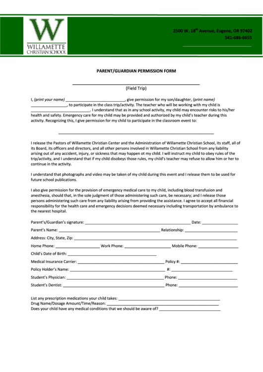 Parent/guardian Permission Form Printable pdf