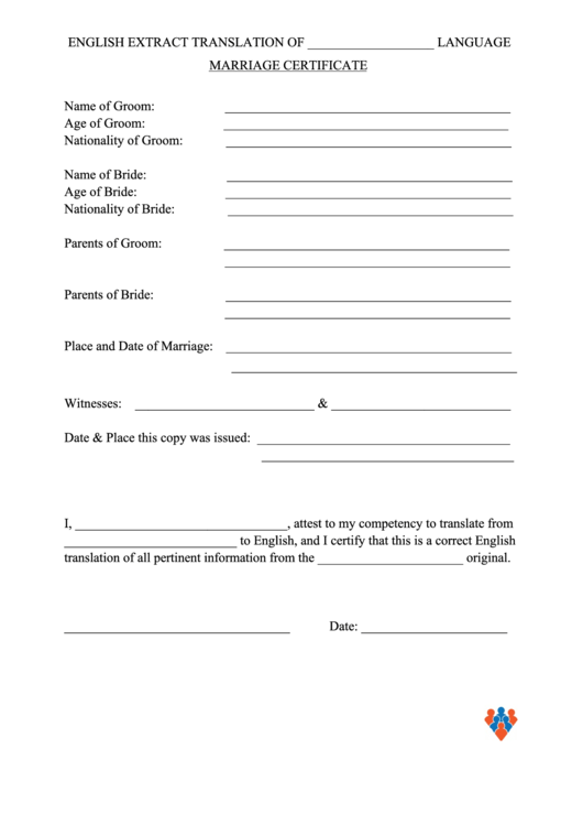 Marriage Certificate Translation Form printable pdf download