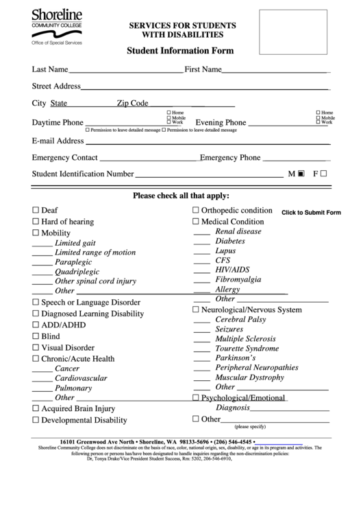 Student With Disabilities Information Form Printable pdf