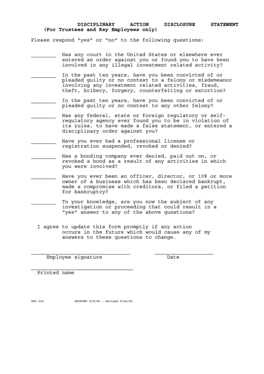 Disciplinary Action Disclosure Statement Printable pdf