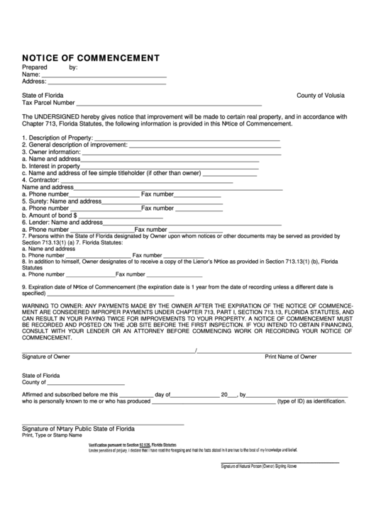 Fillable Notice Of Commencement Form - State Of Florida, County Of Volusia Printable pdf