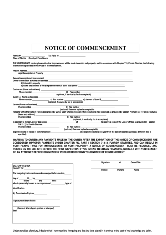 Notice Of Commencement Form - State Of Florida, County Of Palm Beach Printable pdf