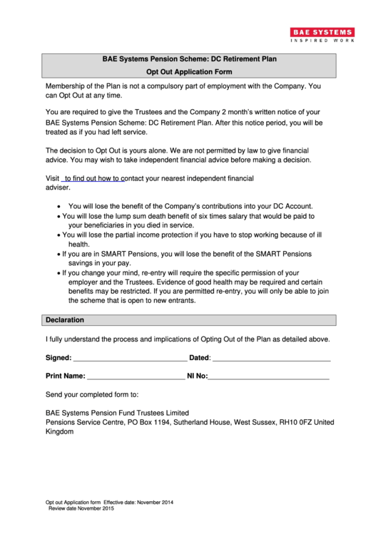 Bae Systems Pension Scheme: Dc Retirement Plan Opt Out Application Form Printable pdf