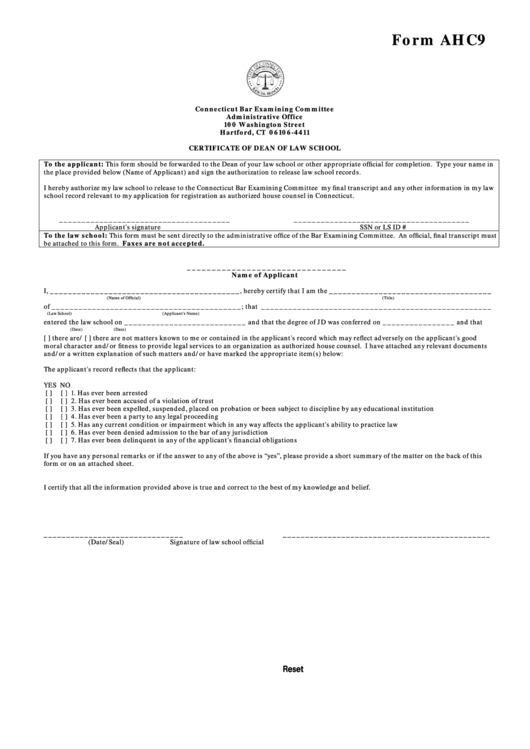 Ct Bar Examining Committee - Form Ahc9 Printable pdf