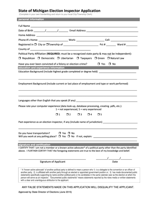 Michigan Election Inspector Application - Clare County Printable pdf