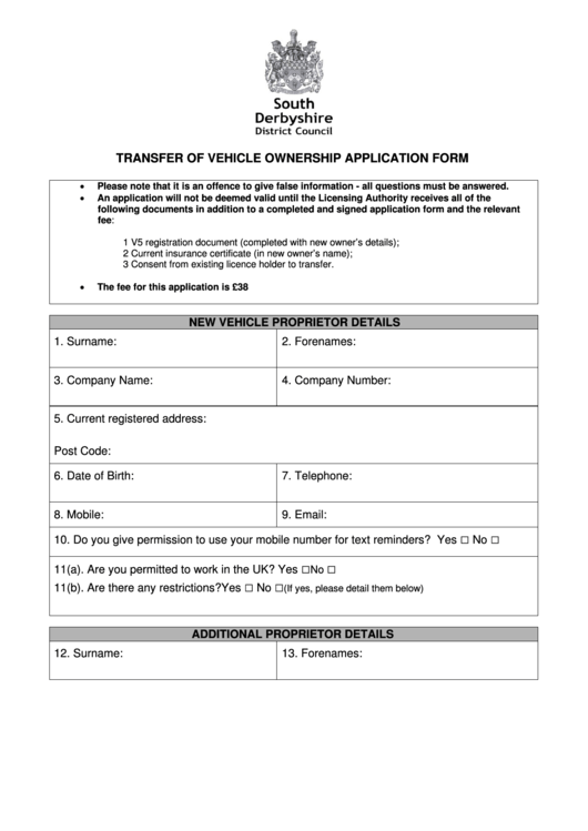 Transfer Of Vehicle Ownership Application Form
