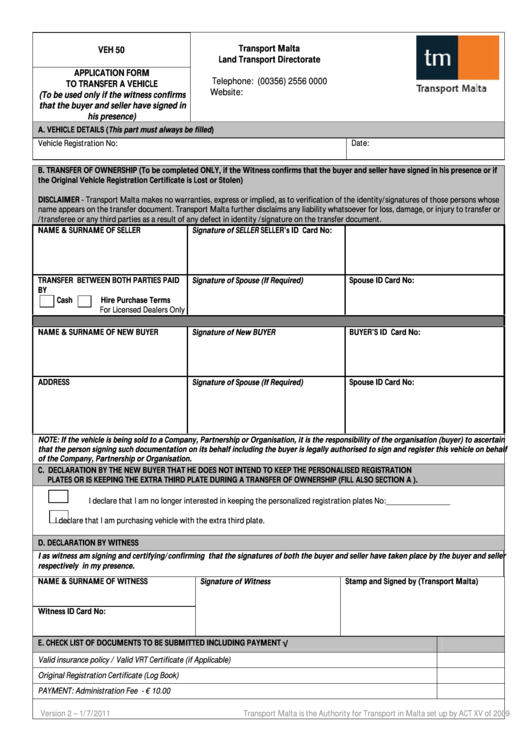 Form Veh 50 - Application Form To Transfer A Vehicle Printable pdf
