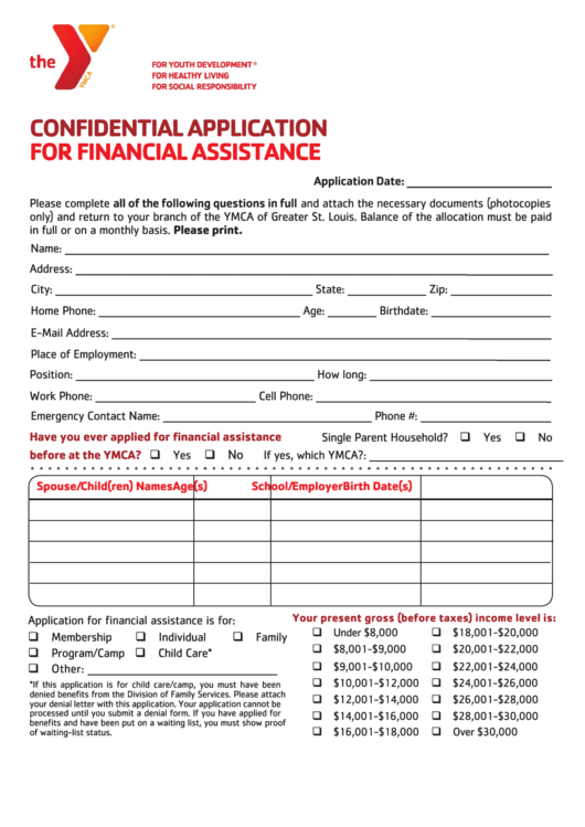 Confidential Application For Financial Assistance Printable pdf