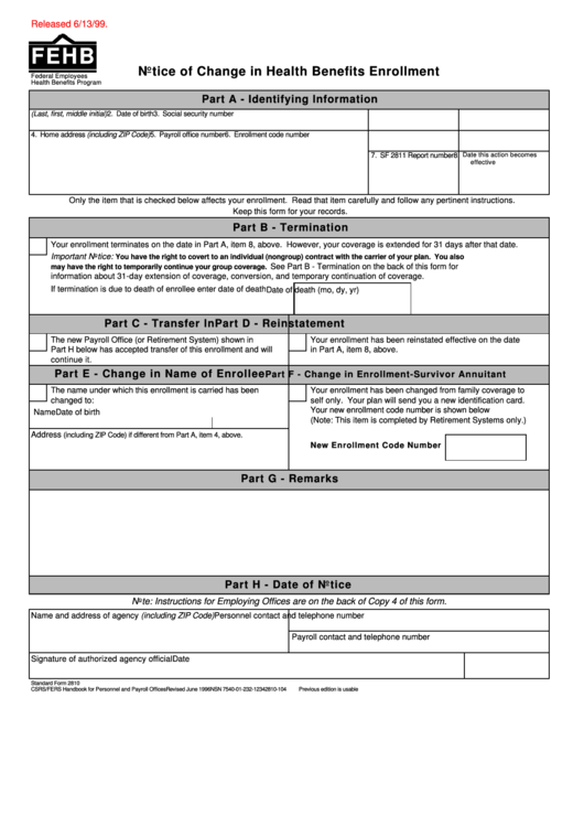 Fillable Standard Form 2810 - Notice Of Change In Health Benefits Enrollment Printable pdf