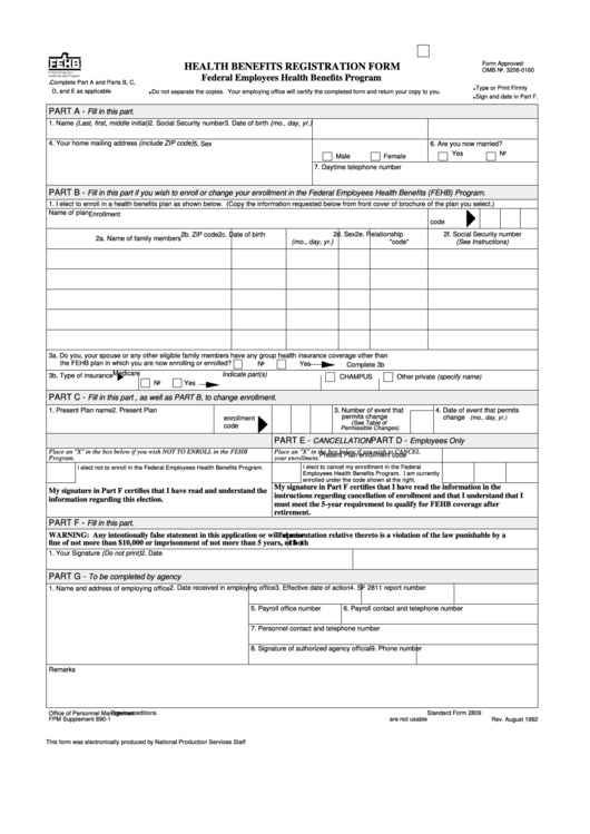 Fillable Health Benefits Registration Form Federal Employees Health
