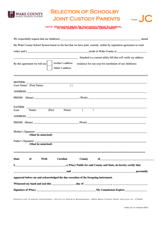 Selection Of School By Joint Custody Parents Form Printable pdf