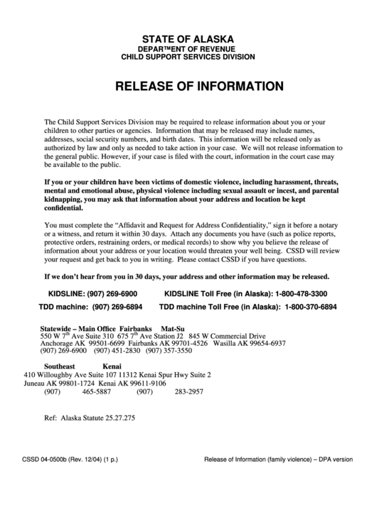 Release Of Information - Alaska Printable pdf