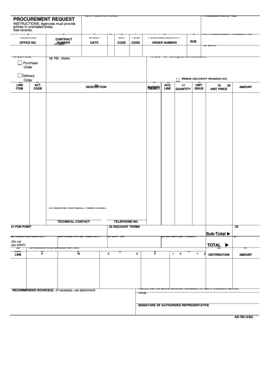 Fillable Ad 700 Procurement Order Printable pdf