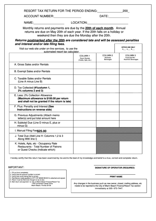 Resort Tax Return Form - City Of Miami Beach Printable pdf
