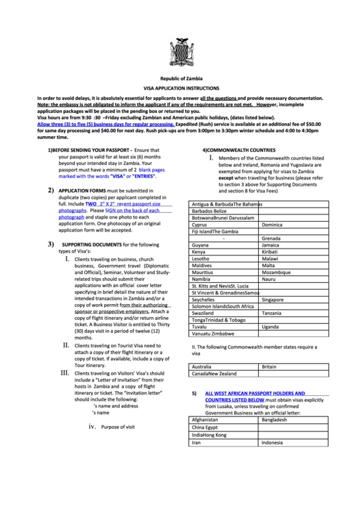Zambia Visa Application Form - Embassy Of The Republic Of Zambia Printable pdf