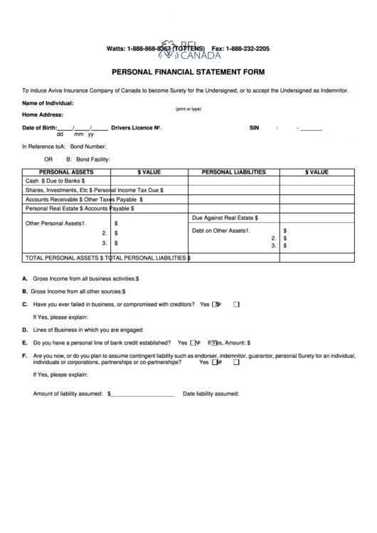 Personal Financial Statement Form Bfl Canada Printable pdf