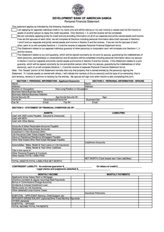 Personal Financial Statement Form Printable pdf