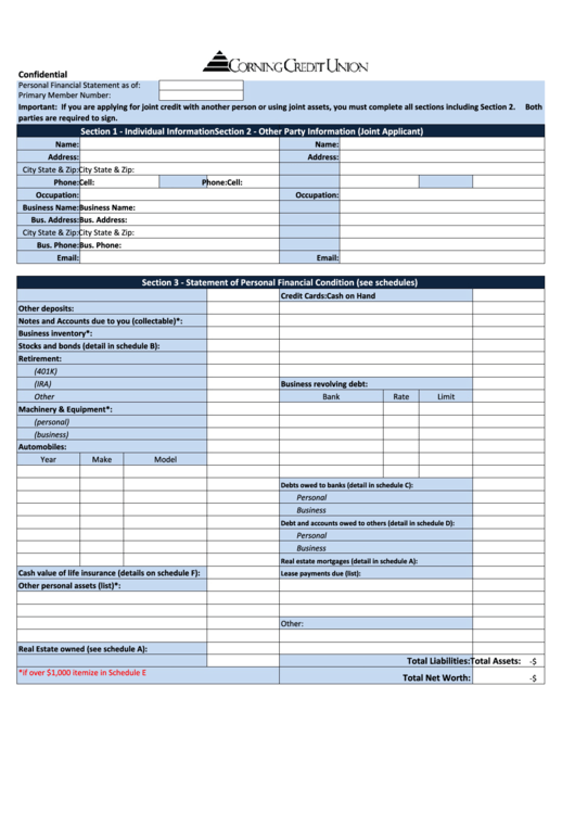 Personal Financial Statement Form - Corning Credit Union Printable pdf