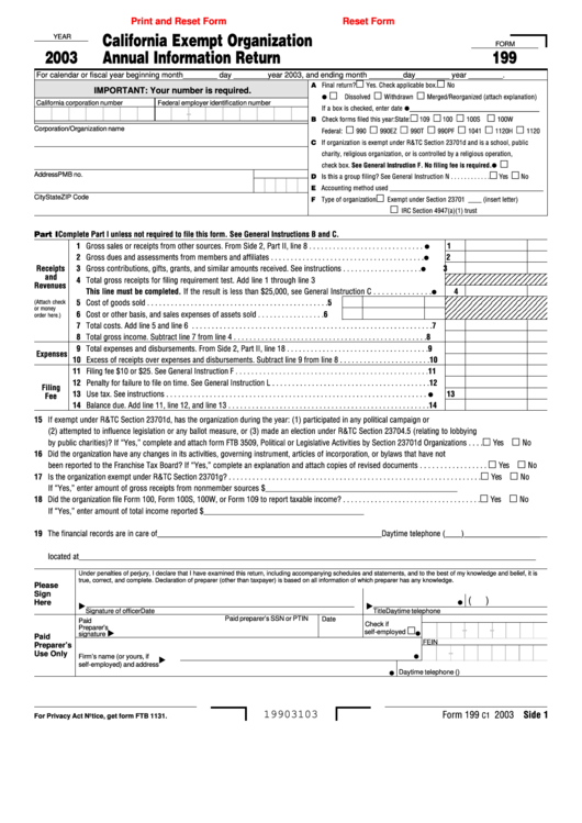 Fillable Form 199 - California Exempt Organization Annual Information Return - 2003 Printable pdf
