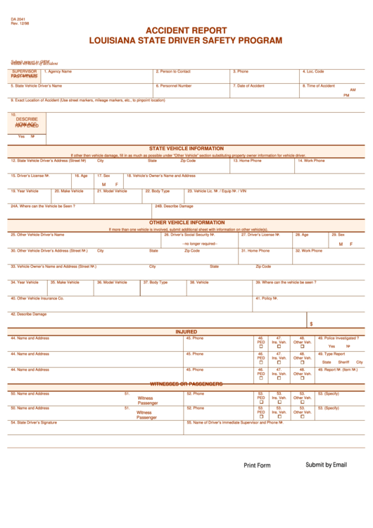 Fillable Form Da 2041 - Accident Report Louisiana State Driver Safety Program Printable pdf
