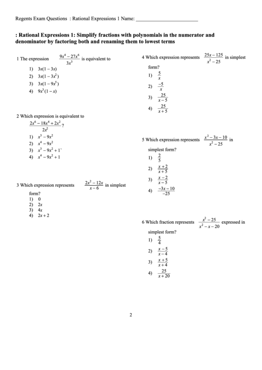 Rational Expressions Worksheet Printable pdf