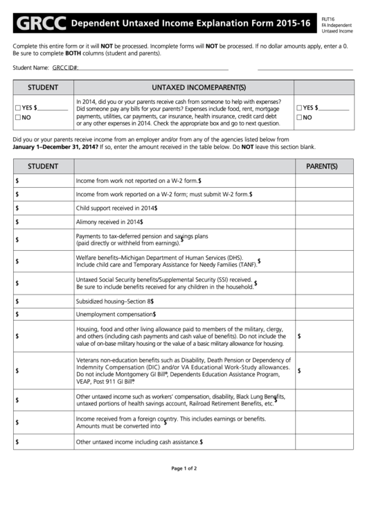 Fillable Fiut16 - Dependent Untaxed Income Explanation Form 2015-16 Printable pdf