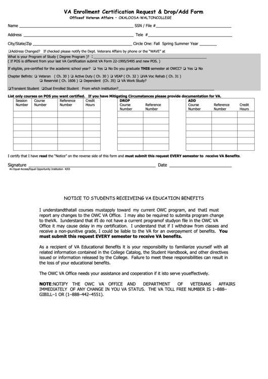 Va Enrollment Certification Request - Drop Add Form Printable pdf