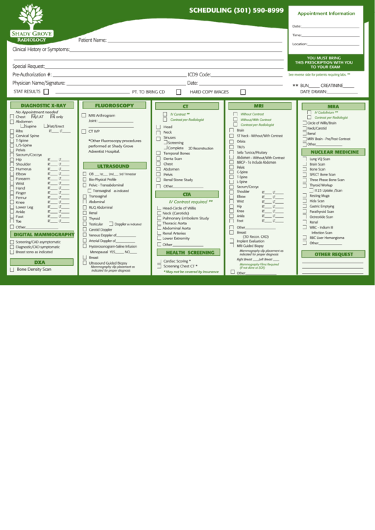 Shady Grove Radiology Appointment Form Printable pdf