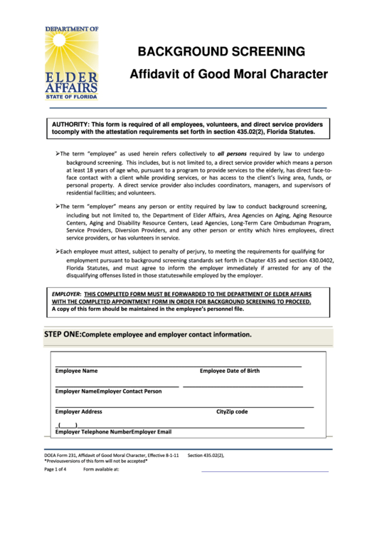 Doea Form 231 - Background Screening - Affidavit Of Good Moral Character Printable pdf