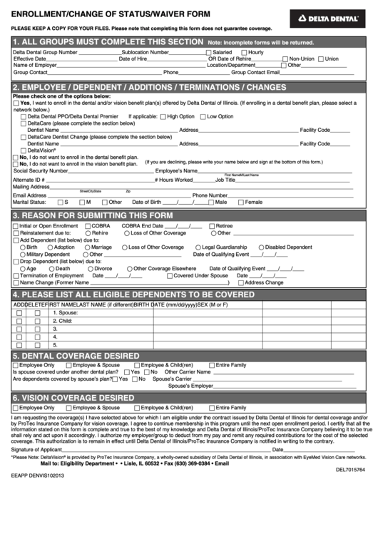 Fillable Delta Dental Enrollment/change Of Status/waiver Form Printable pdf